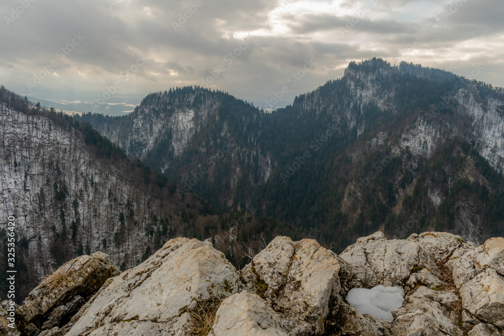 Widoki z pienińskiego szczytu Sokolica w pochmurny zimowy dzień - obrazy, fototapety, plakaty 