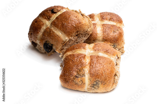 Easter wholemeal hot cross buns isolated on white photo