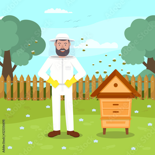 Beekeeper in Protective Suit Stand near Beehive. Protective Suit. Beemaster at Spiary. Breed Bees. Produce Honey. Beekeeper Costume. Stand near Hive. Apiary on Background Forest. Vector Illustration.