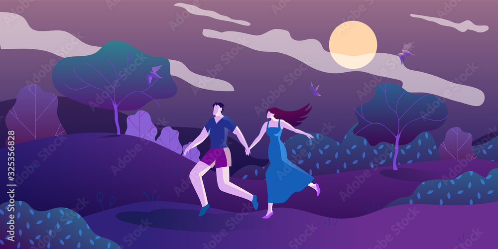Romance Walk at Full Moon Night Cartoon Flat. Boy and Girl Night Run Through Woods or Park. Romantic Night Entertainment for Couple. Planned Leisure and Entertainment for Couples, Cartoon.