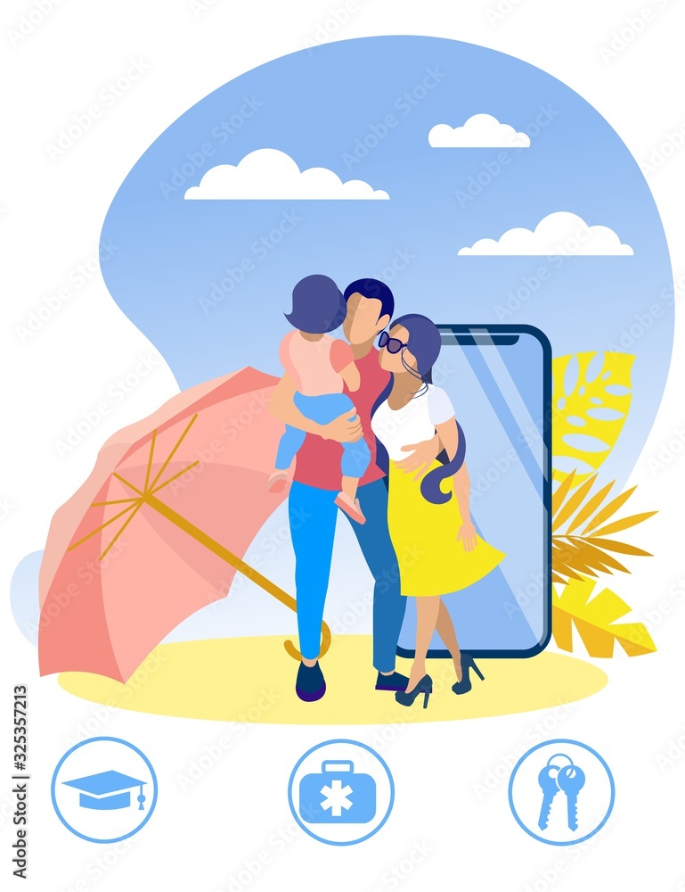 Fototapeta premium Happy Family with Boy on Hands in Panama on Beach. Insurance Policy. Vector Illustration. Reliable Protection. Insurance for whole Family. Travel Life Insurance. Man Hugs Woman on Beach.