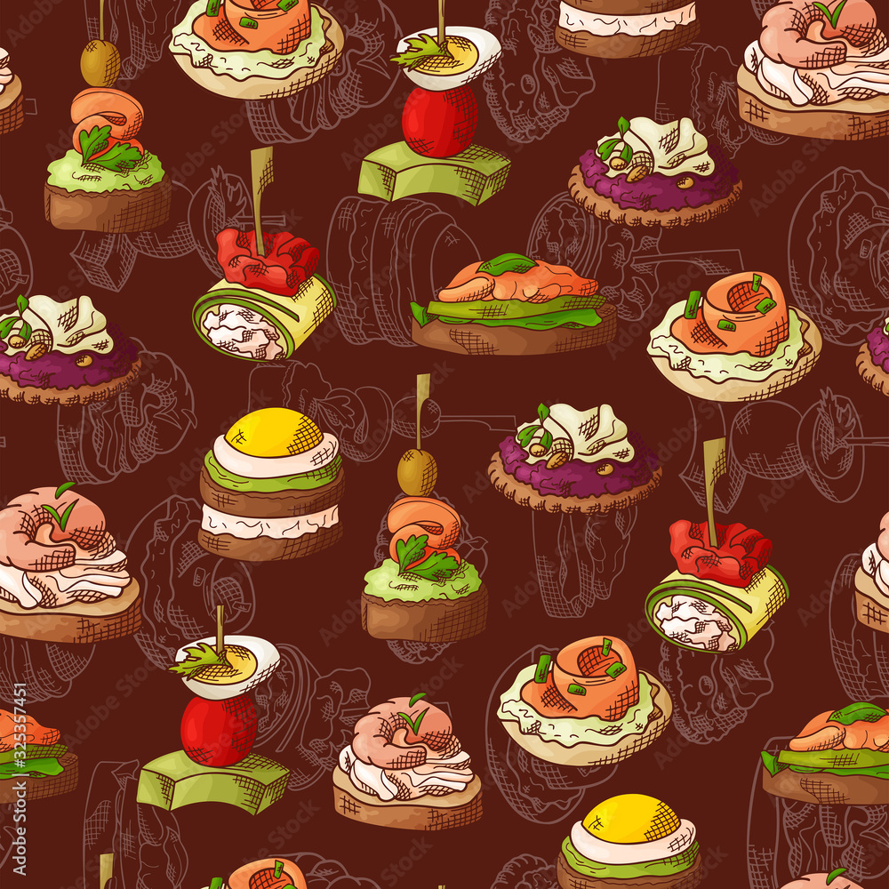 Seamless pattern with finger food. Sketch style repeated background. Bruschetta, sandwich, canapes and tapas. Vector illustration Seamless pattern with finger food. Sketch style repeated background. Bruschetta, sandwich, canapes and tapas. Vector illustration