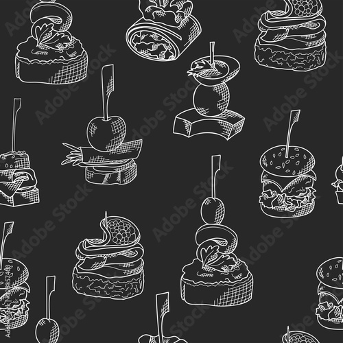 Seamless pattern with finger food. Sketch style repeated background. Bruschetta, sandwich, canapes and tapas. Vector illustration