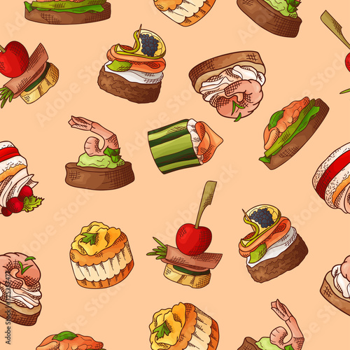Seamless pattern with finger food. Sketch style repeated background. Bruschetta, sandwich, canapes and tapas. Vector illustration