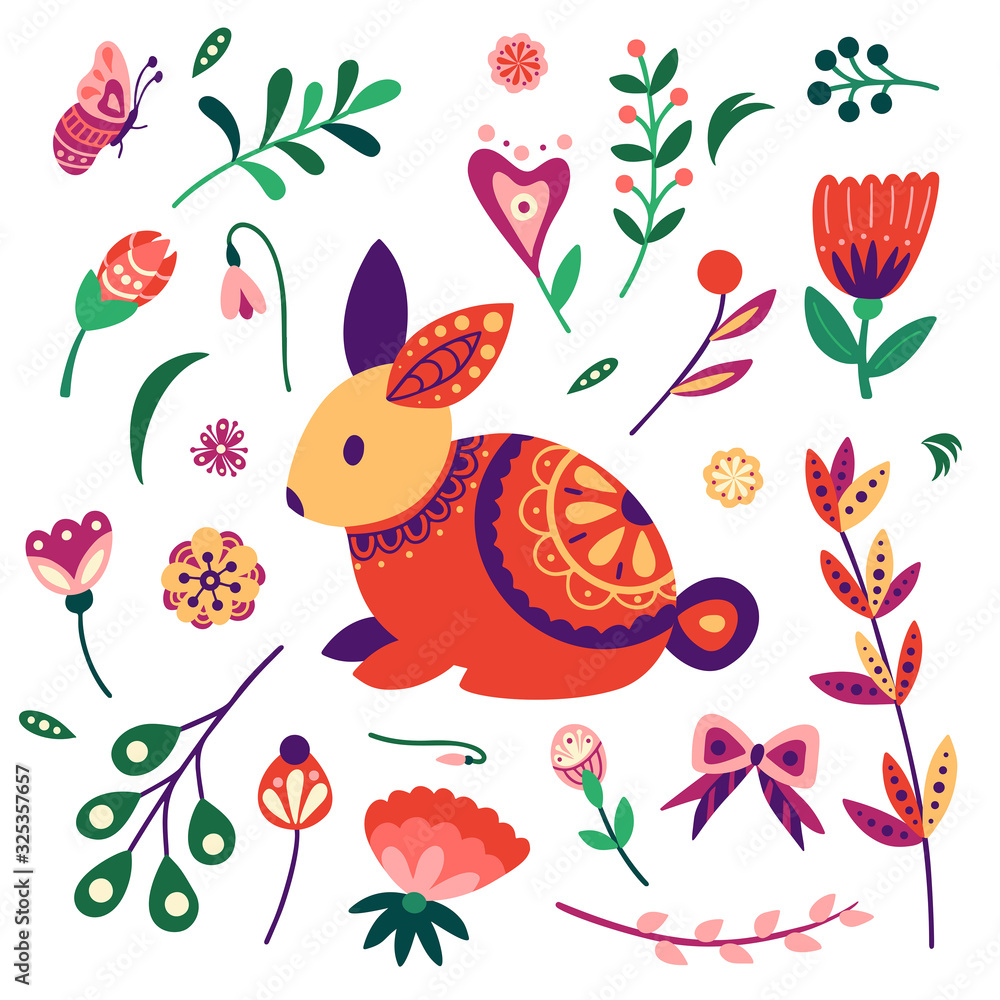 Obraz premium Cute design elements. Holiday background with bunny, egg, flowers, leaves. Childish vector illustration