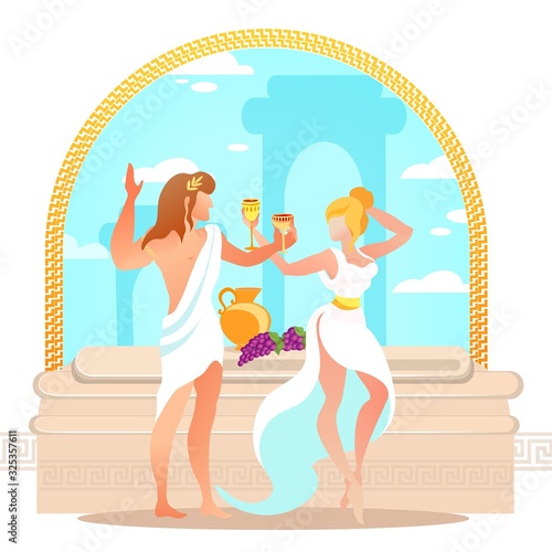 Dionysus and Ariadne Ancient Greek God and Goddess. Man with Golden Wreath on Head and Woman in Tunic Drinking Wine. Characters of Greece Mythology. Olympian Legend. Cartoon Flat Vector Illustration