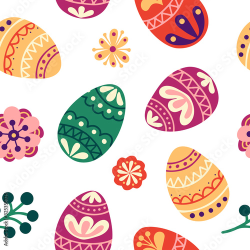 Floral easter seamless pattern. Holiday background with eggs, flowers and leaves. Vector illustration