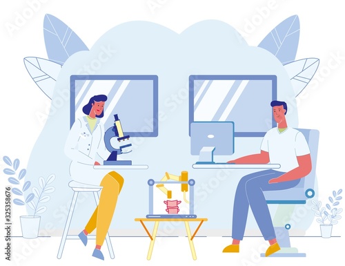 Two Scientist Backbone Model Using 3D Printer. Doctors Laboratory Assistance Looking at Microscope, Correcting, Adjusting Settings on Laptop. Additive Technology for Medicine. Vector Flat Illustration