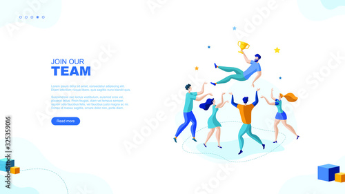 Trendy flat illustration. Successful teamwork page concept. People celebrate the victory of the team. Template for your design works. Vector graphics.