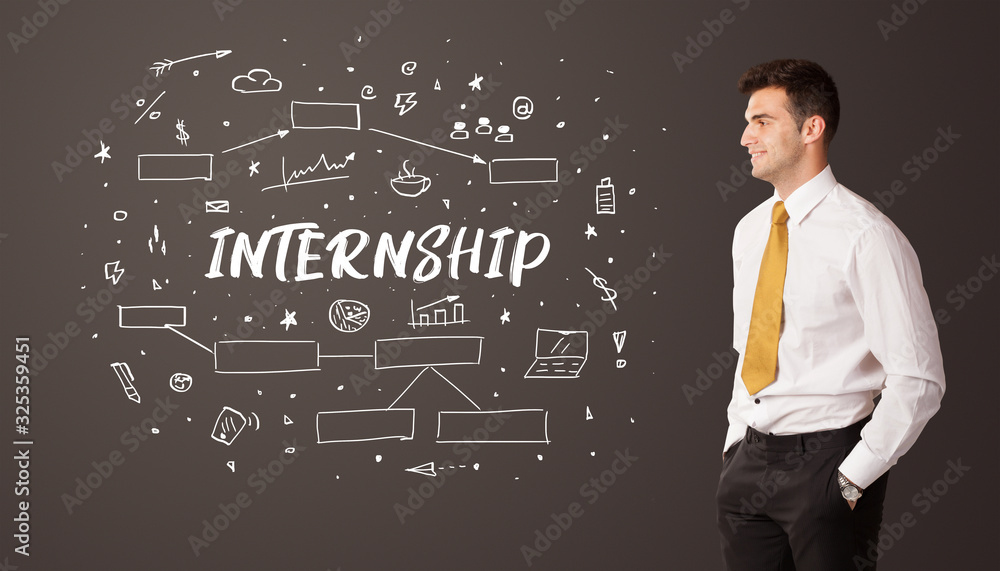Businessman thinking with INTERNSHIP inscription, business education concept Businessman thinking with INTERNSHIP inscription, business education concept