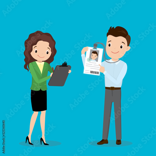 Happy caucasian businessman or office worker holding badge with id