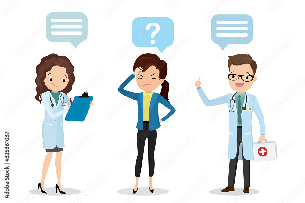 Tired and ill businesswoman and male doctor and female nurse with first-aid kit and pills Tired and ill businesswoman and male doctor and female nurse with first-aid kit and pills