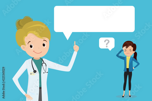 Tired and ill businesswoman and female doctor or nurse with white speech bubble