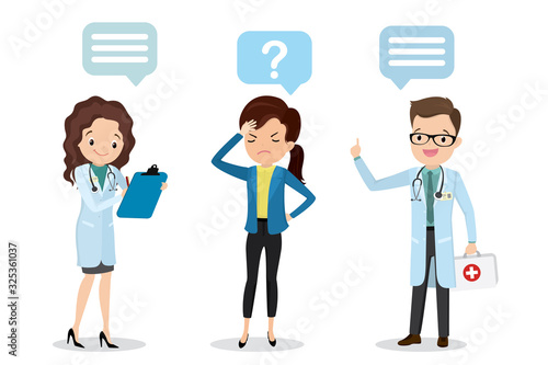 Tired and ill businesswoman and male doctor and female nurse with first-aid kit and pills