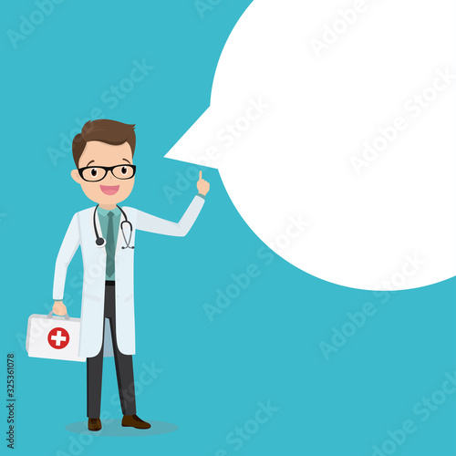 Happy caucasian male doctor and white speech bubble,place for text