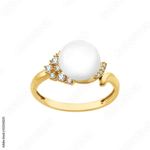 Ring of Gold with Diamonds and big natural Pearl (isolated from white background). Beautiful handmade jewelry! 