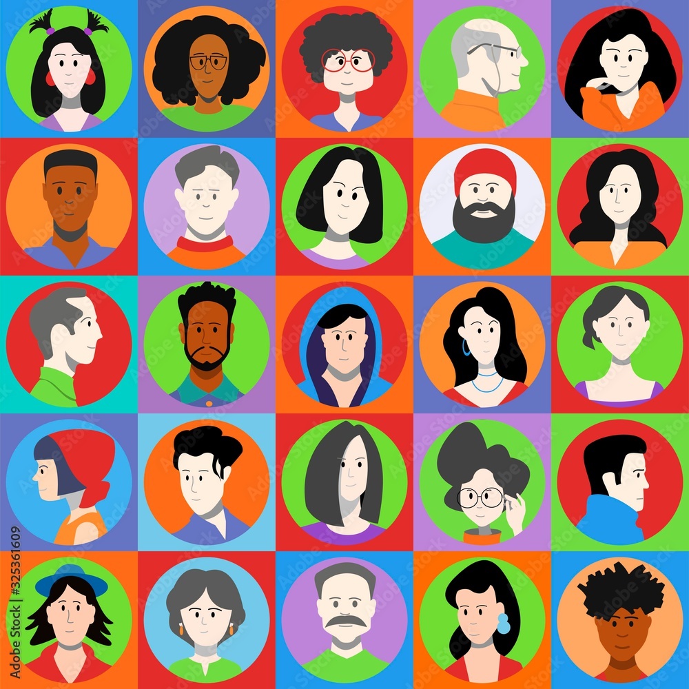 Set of multi-colored icons of different people, men and women. Flat vector portraits. Set of multi-colored icons of different people, men and women. Flat vector portraits.