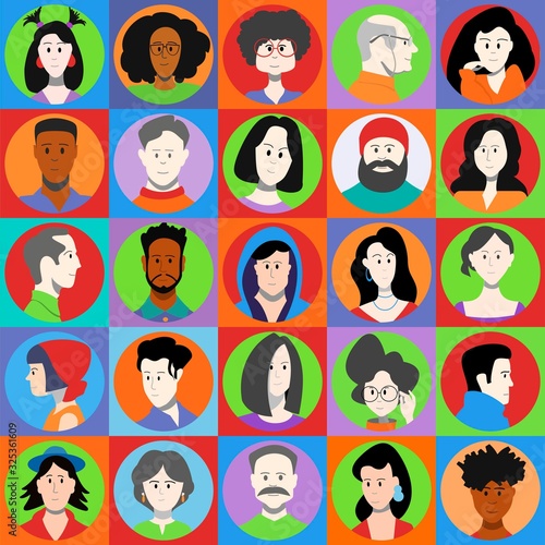 Set of multi-colored icons of different people, men and women. Flat vector portraits.