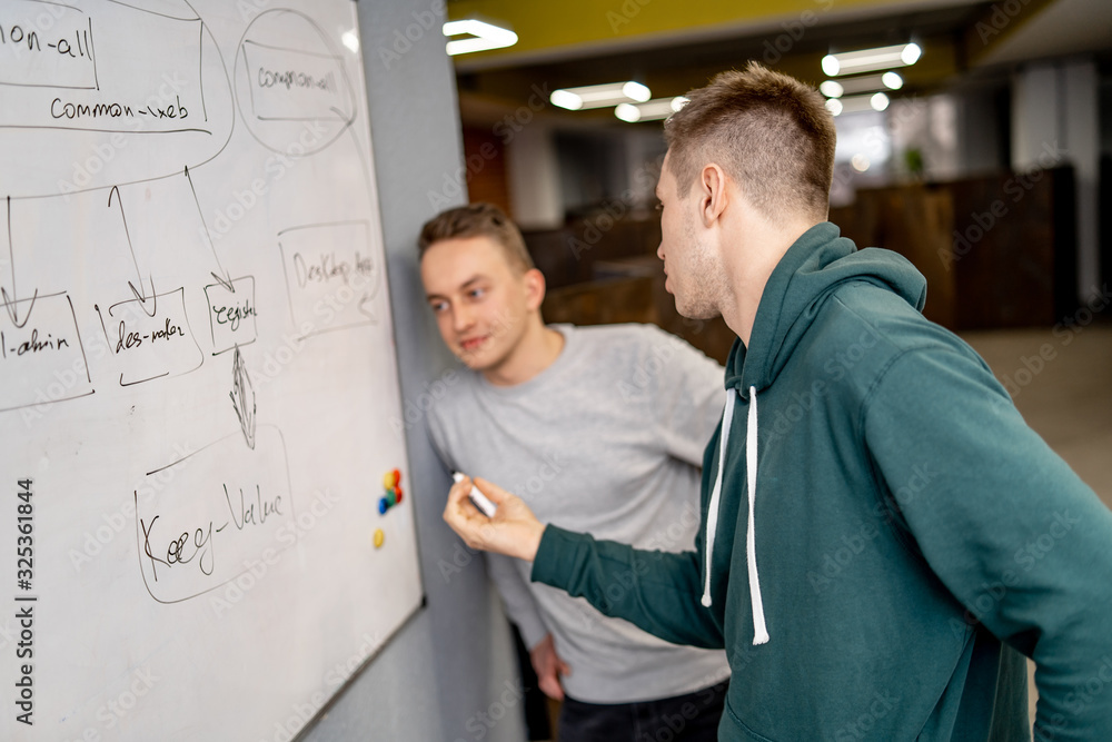 Fototapeta premium Creative people meeting at office and use post it notes to share idea. Teamwork process. Brainstorming concept