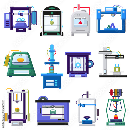 3d printers and layout rapid prototyping vector illustration. Process of 3d printing, modeling and scanning objects. Print in laboratory, plastic technologies engineering of future medicine concept.