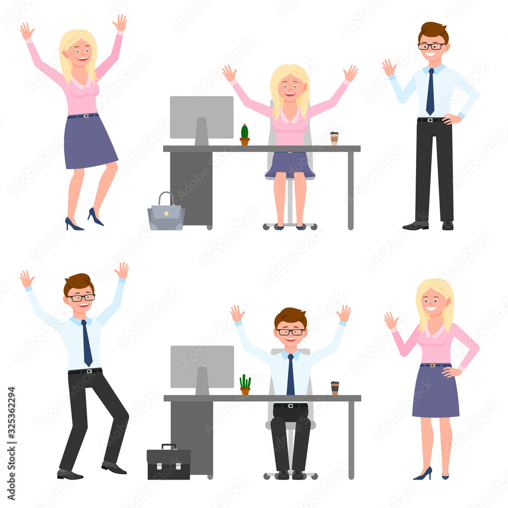 Happy, smiling, jumping young eyeglasses man and woman vector illustration. Hopping, hands up, having fun at office workplace boy and girl cartoon character set on white Happy, smiling, jumping young eyeglasses man and woman vector illustration. Hopping, hands up, having fun at office workplace boy and girl cartoon character set on white