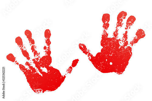 Hand paint print set, isolated white background. Red human palm and fingers. Abstract art design, symbol identity people. Silhouette child, kid, people handprint. Grunge texture. Vector illustration