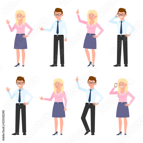 Smiling, friendly office man and woman vector illustration. Waving hand, talking on phone, showing victory sign, standing side view glasses boy and blonde girl cartoon character set on white