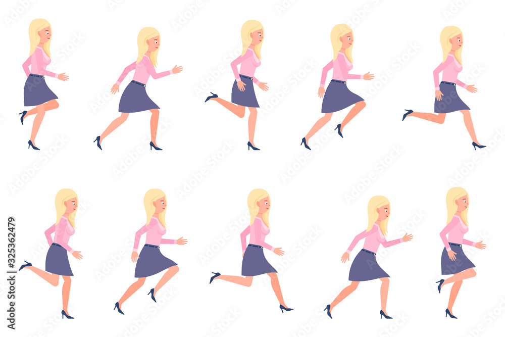 Young, adult blonde woman running sequence poses vector illustration. Fast moving forward, hurry, rush female person cartoon character set on white Young, adult blonde woman running sequence poses vector illustration. Fast moving forward, hurry, rush female person cartoon character set on white