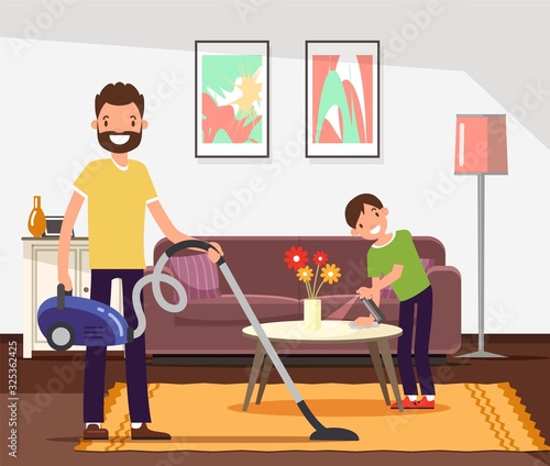 Father and Son Cleaning House Flat Cartoon Vector Illustration. Parent and Child Vacuuming Carpet and Wiping Dust from Furniture in Apartment. Son Polishes Table. Living Room Interior.