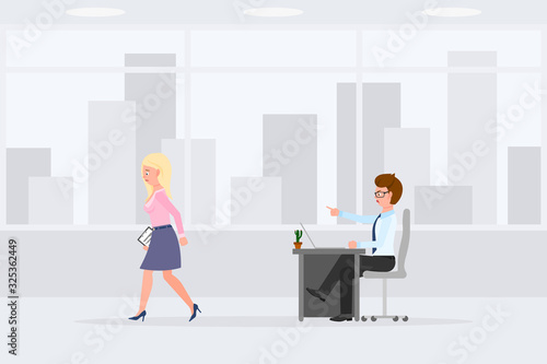 Angry, stressed, desperate, unhappy man and guilty woman vector illustration. Shouting, pointing finger, scolding, walking away boy and girl cartoon character set on cityscape background