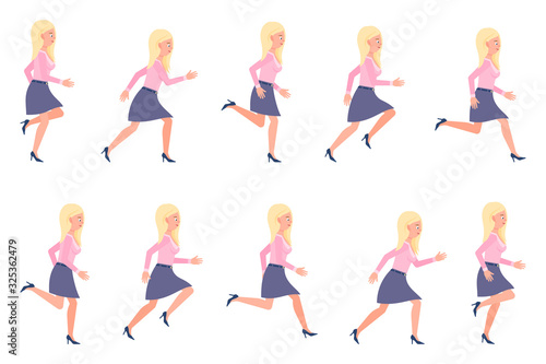 Young, adult blonde woman running sequence poses vector illustration. Fast moving forward, hurry, rush female person cartoon character set on white