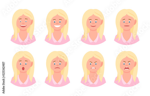 Emotional face cartoon character young office woman front view design vector illustration set. Happy, smiling, upset, surprised, sad, angry, shouting blonde hair lady person flat style