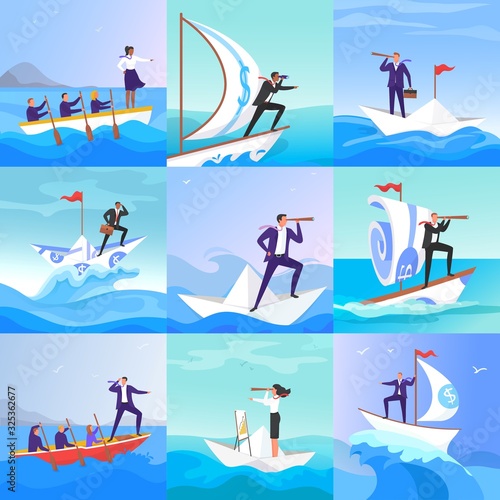 Businessman people on paper boats vector illustration. Businessman and businesswoman on paper boat risk, searching and lead the team to result. Teamwork, leadership concept flat style. Boss and team. © creativeteam