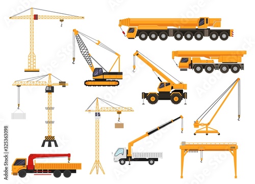 Set of construction cranes in flat style. Trucks with cranes, crawler tractors and cars with cranes vector illustration. Construction transport vehicles isolated on white background. photo