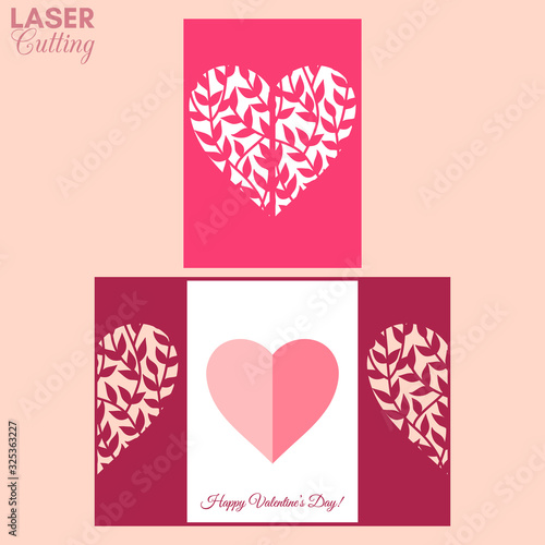 Laser cut template of gate fold card with leaves on the branches patterned heart for brochures, wedding invitations or Valentine's Day greeting card.