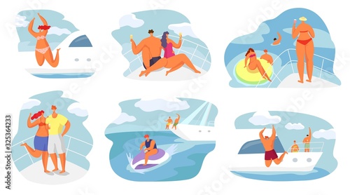 Happy people at yacht party, relaxing and having fun vector illustration. Flat characters, men and women swimming in the sea, jumping from yacht, taking photos, sunbathe on yacht, and celebrate party.