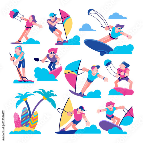 Windsurfers Happy people kitesurfers sailor characters in the sea flat line vector illustration. Kitesurfers and windsurfers surfing,summer vacation, extreme sport experience, surfboards and beach.