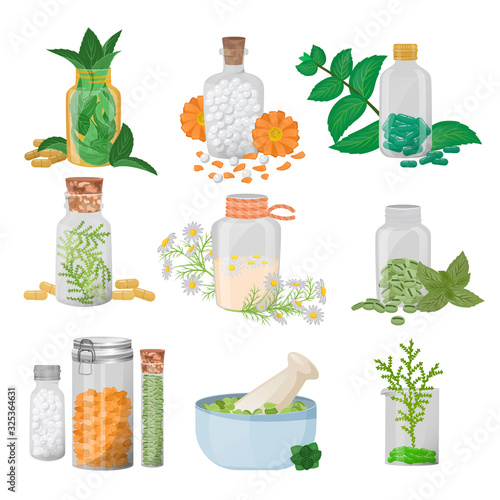 Homeopathic pills in glass jars and illustrations of herbs. Vector of homeopathic pills. Mint, flowers, herbs, chamomile and other natural flowers ingredients for making tablets pills.