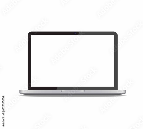 Realistic laptop in front view vector illustration isolated on white background. Computer notebook with webcam and empty screen mockup or template.