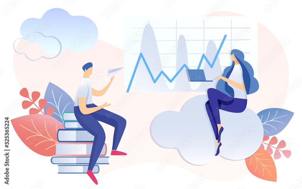 Cartoon Woman Work on Notebook. Man Sitting on Book Stack Launching Paper Plane Vector Illustration. Finance Report Analysis Profit Graphic Growth. Time Management Productivity Boost Strategy Cartoon Woman Work on Notebook. Man Sitting on Book Stack Launching Paper Plane Vector Illustration. Finance Report Analysis Profit Graphic Growth. Time Management Productivity Boost Strategy
