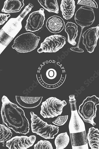 Oysters and wine design template. Hand drawn vector illustration on chalk board. Seafood banner. Can be used for design menu, packaging, recipes, label, fish market, seafood products.