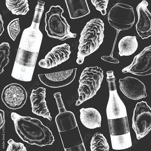 Oysters and wine seamless pattern. Hand drawn vector illustration on chalk board. Seafood background. Can be used for design menu, packaging, recipes, label, fish market, seafood products.