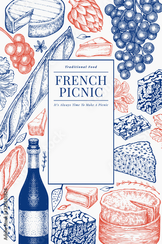 French food illustration design template. Hand drawn vector picnic meal illustrations. Engraved style different snack and wine banner. Vintage food background.