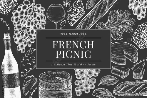French food illustration design template. Hand drawn vector picnic meal illustrations on chalk board. Engraved style different snack and wine banner. Vintage food background.
