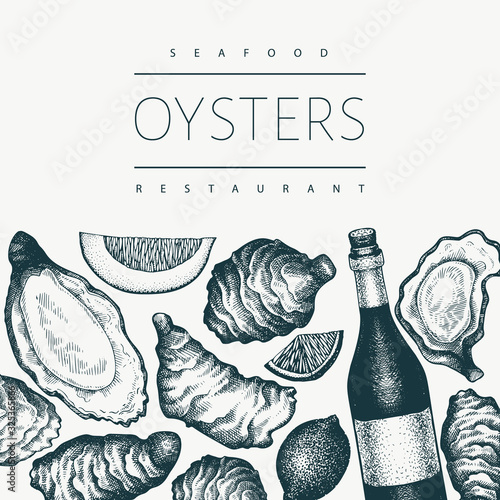 Oysters and wine design template. Hand drawn vector illustration. Seafood banner. Can be used for design menu, packaging, recipes, label, fish market, seafood products.