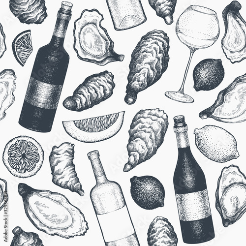 Oysters and wine seamless pattern. Hand drawn vector illustration. Seafood background. Can be used for design menu, packaging, recipes, label, fish market, seafood products.