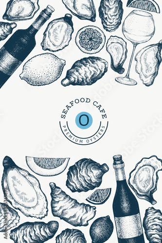 Oysters and wine design template. Hand drawn vector illustration. Seafood banner. Can be used for design menu, packaging, recipes, label, fish market, seafood products.
