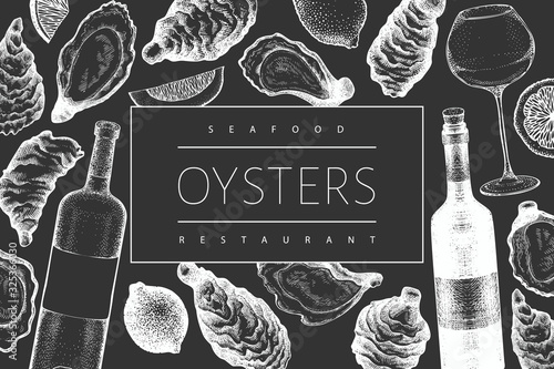 Oysters and wine design template. Hand drawn vector illustration on chalk board. Seafood banner. Can be used for design menu, packaging, recipes, label, fish market, seafood products.