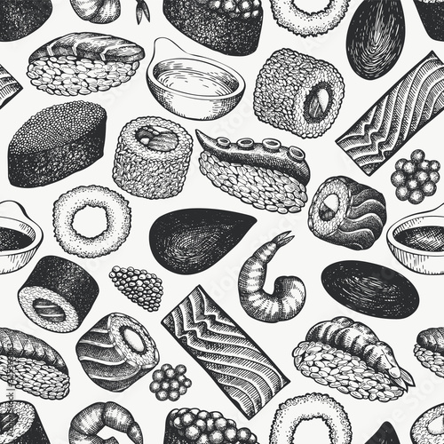 Sushi seamless pattern. Japanese cuisine hand drawn vector illustrations. Asian food background.