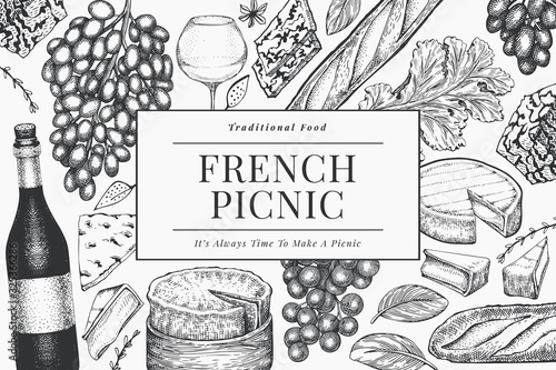 French food illustration design template. Hand drawn vector picnic meal illustrations. Engraved style different snack and wine banner. Vintage food background.